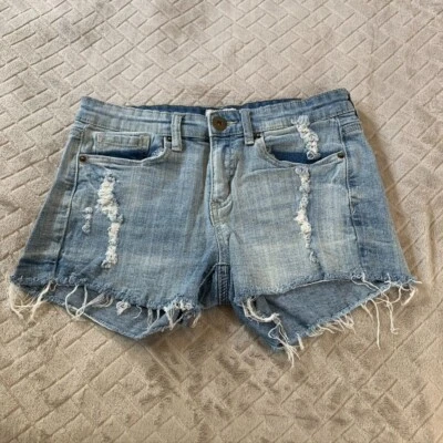 Mudd Womens 7 Denim Jeans Short Shorts Blue Distressed Fray Light Wash Low Rise - Image 1 of 4