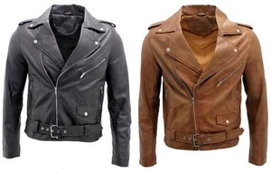 Men's Black & Tan Retro Brando Casual Biker Jacket 100% Nappa Leather - Picture 1 of 14
