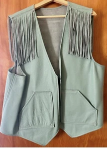 Chaleco de cuero con flecos vintage - azul polvo raro - talla L/XL - Imagen 1 de 2