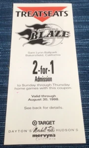 Bakersfield Blaze 1998 Ticket Coupon MILB Defunct Baseball Team ~868A - Foto 1 di 1