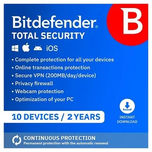 Bitdefender Total Security 2025 200MB VPN 10 PC Devices 2 Years (EMAIL) - Picture 1 of 6