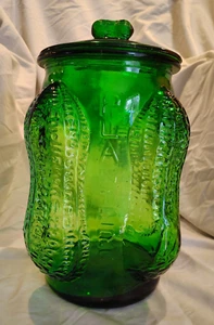 PLANTERS Peanuts Green Glass Four Peanut Corner w/ Lid Counter Jar, 14” x 8” - Picture 1 of 9