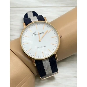 Geneva Platinum Watch Navy Blue and White Striped Nylon Strap Large Face - Bild 1 von 7