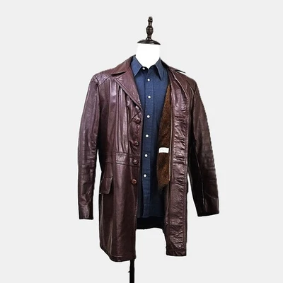 Vintage 60s 70s Leather Jacket Trench Coat Mens 44 L Retro Ranch Disco Mod - Image 1 of 4