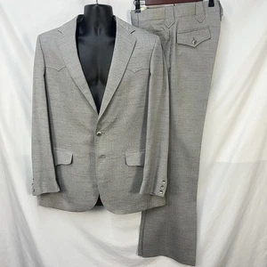 VINTAGE LASSO GRAY HERRINGBONE SLUB 2PC WESTERN SUIT SIZE 40L 44" CHEST 32X35 - Picture 1 of 13