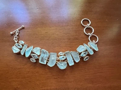 Rough and cut Aquamarine Stones,  925 Sterling Silver Handmade Bracelet - Image 1 of 4