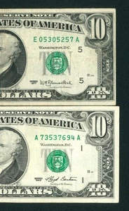 ((TWO NOTES)) $10 1977/ 1993 Federal Reserve Note ** PAPER CURRENCY AUCTION - Picture 1 of 3
