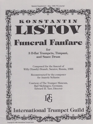 FUNERAL FANFARE - 3 Bb Trumpets + Snare Drum + Timpani - Konstantin Listov  1996 - Image 1 of 3