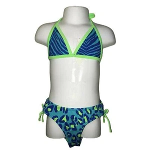 Girls 5 PS Aeropostale Blue Lime Green Zebra Cheetah Print Triangle Bikini Set - Picture 1 of 1
