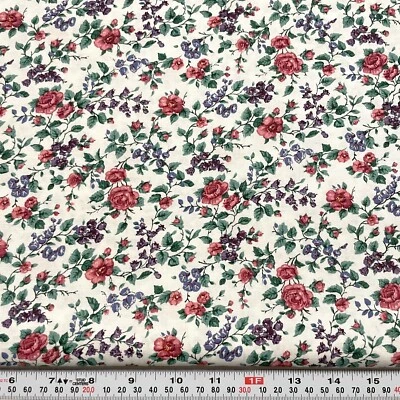 Vintage Joan Messmore Cranston Florals on White Cotton Fabric Remnant 15" x 45" - Image 1 of 2