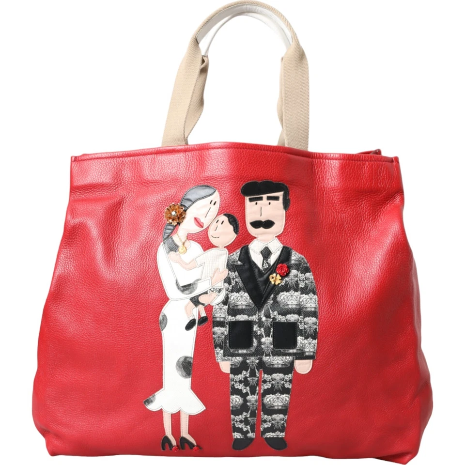 Dolce&Gabbana Women Red Tote Bag Leather Family Print Pockets Zip Casual Handbag