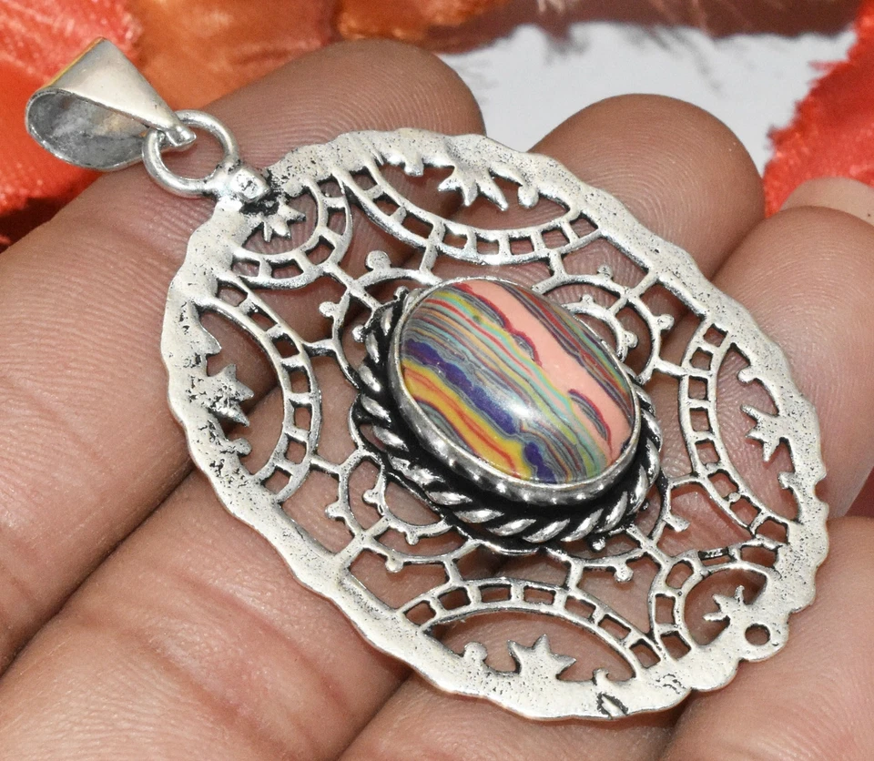 Rainbow Calsilica Gemstone Pendant 925 Sterling Silver Plated U336-B181 - Image 1 of 1