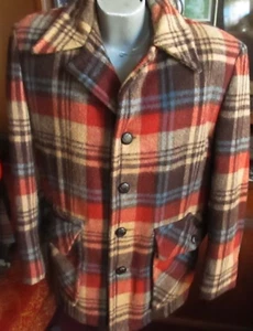 Vtg 1960s CAMPUS Men's 42 Wool Coat Beige/Rust/Blue Plaid Quilted Lining - Picture 1 of 12