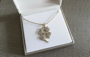 Four Leaf Clover Shamrock St Patricks Necklace Crystals Gold Tone Gift Box - Picture 1 of 7