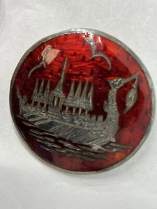 VINTAGE SIAM STERLING SILVER NIELLO RED ENAMEL VIKING SHIP PIN BROOCH RARE - Picture 1 of 3