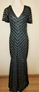 Xscape Women's Black V-Neck Short Sleeves Sequins Beads Evening Dress Sz 10 - Picture 1 of 6