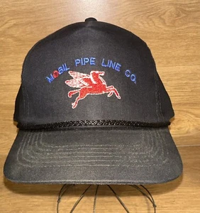Vintage Mobil Pipe Line Co Motor Oil Gas Snapback Rope Trucker Hat Pegasus Black - Picture 1 of 9
