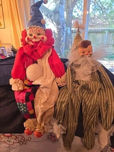 Pair Handmade Clown Dolls Shelf Sitter Wood Block Body Aprox. 24” Vintage - Picture 1 of 7