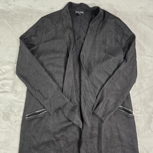 Cárdigan para mujer Eileen Fisher gris medio alpaca frente abierto cuero ribete bolsillos - Imagen 1 de 15