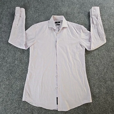Hugo Boss Shirt Mens M(39) 15.5 Slim Fit Pink & White Check Dress Spread Collar  - Image 1 of 4