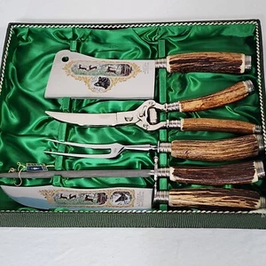Baron Solingen Germany 5 Pc Carving Set Stag Horn Handles Engraved Blade Box Vtg - Picture 1 of 20