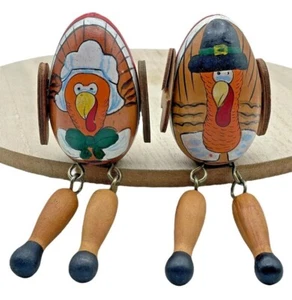 Vintage Pair Hand Painted Wooden Egg Turkeys Thanksgiving Ornament Shelf Sitter - Picture 1 of 6