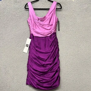 David Meister Dress Womens 8 Purple Satin Ruched Draped Y2K Colorblock Cocktail - Picture 1 of 15