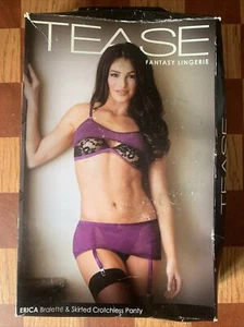 Fantasy Lingerie Tease Erica Bralette & Skirted Crotchless Panty Purple New - Picture 1 of 12