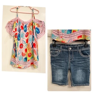 Cat & Jack Cold Shoulder And Cherokee Denim Girls Size 10 Lrg Shirt & Shorts Set - Picture 1 of 8