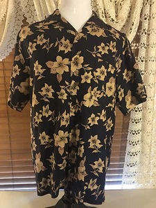 Mens UAHONG MEI RELAX SS Navy W/tan Hibiscus Flowers M Medium Hawaiian Shirt - Picture 1 of 8