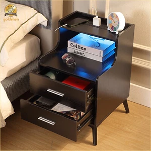 LED Lights Nightstand End Side Table With Charging Station & 2 Drawers 2 Shelves - Picture 1 of 44