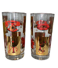 PAIR OF 2 Vintage Gold & Red TELEPHONE Design Drinking Glasses Highball  MCM