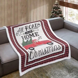 Red Pickup Truck Roads Home Christmas Virah Bella Quilted Sherpa Throw Blanket - Picture 1 of 6