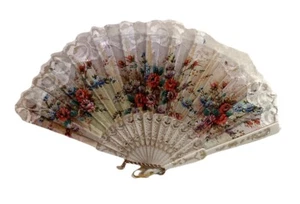 Fan Folding White Lace & Handle Flower Floral Multicolor Color Summer Design - Picture 1 of 12