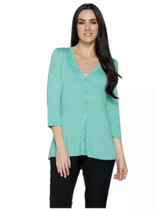 Isaac Mizrahi Live! Cardigan V-Ausschnitt Schößchen 3/4 Ärmel weich Jade Small A290990 - Bild 1 von 4