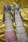 2 Original Antique PRIMITIVE Vintage Set Old Folk Fabric Dolls Beads Naive Art