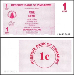 Cheque al portador de 1 centavo de Zimbabue AA+ UNC nota de valor más bajo del mundo P-33 - Imagen 1 de 1