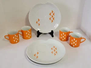 Vintage MCM Luncheon Snack Plate Set JONAS ROBERTS Orange Atomic Grid-Set of 4 - Picture 1 of 18