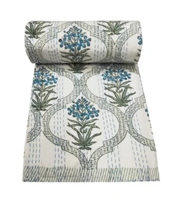 Indian Block print Twin/ Queen Kantha Handmade Quilt Cotton Bed Cover Throw - Picture 1 of 6