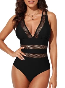 One Piece Swimsuit Women Tummy Control Sexy Mesh V Neck Swimwear Summer 2025 ... - Picture 1 of 5