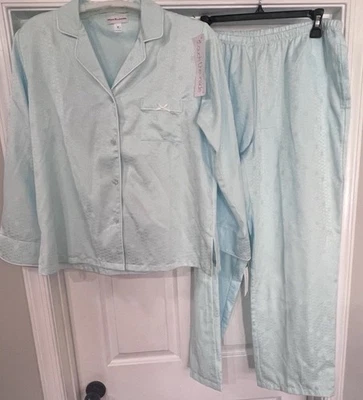 Miss Elaine Pajama Set Satin Women M CIRCLE/DOTS Brushed-Back Light Blue NWT - Image 1 of 4