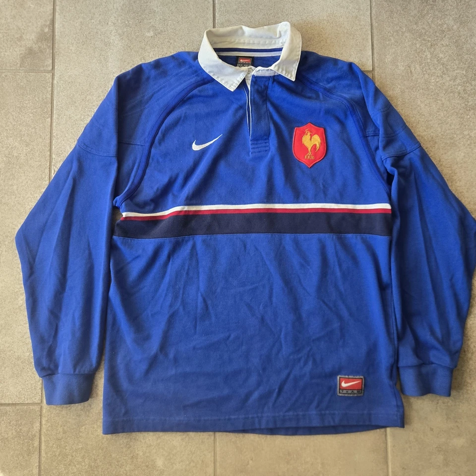 Винтажная 1999 Nike Франция FFR регби поло длинным рукавом рубашка Sz M Streetwear - Изображение 1 из 4