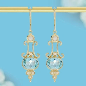 9K Yellow Gold Blue Topaz and Pearl Victorian Style Drop Earrings - Picture 1 of 7