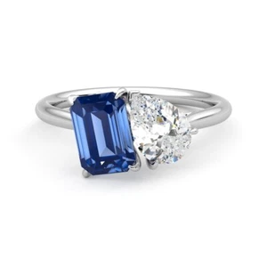 2.00 Ct Lab Created Diamond & Blue Sapphire Ring Toi Et Moi 14K White Gold - Picture 1 of 9