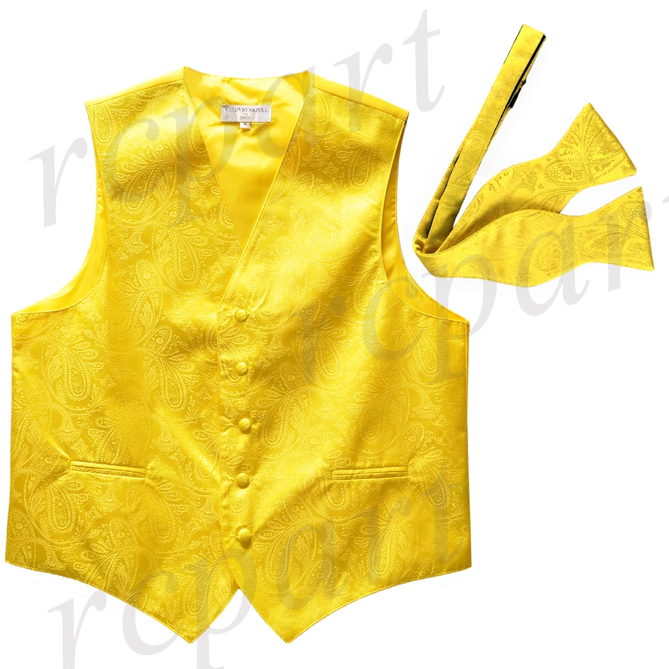 New Men's Vest Tuxedo Waistcoat free style self-tie Bowtie paisley yellow party - Image 1 of 3