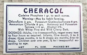 CHERACOL - Codeine Phosphate 1 gr. Medicine Bottle LABEL 2.5x1.5" habit forming - Picture 1 of 3