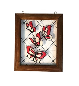 Prendisole farfalle in vetro dipinto con cornice in legno vintage - Foto 1 di 5