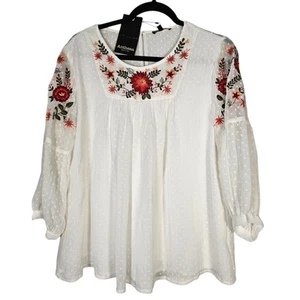 Antheaa Top Women XXL White Floral Embroidered NWT Swiss Dot Peasant Beachy Boho - Picture 1 of 11