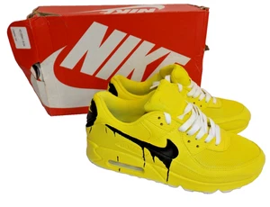 Custom Nike Air Max 90 Sneakers - Yellow Black Drip - Hand-Painted - Ladies 9.5 - Picture 1 of 24