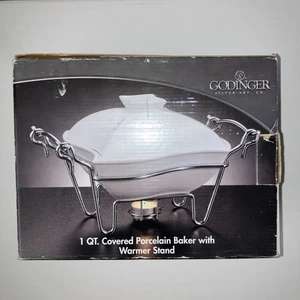 Godinger 1-Quart Covered Porcelain Baker with Chrome Plated Warmer Stand NEW! - Picture 1 of 4